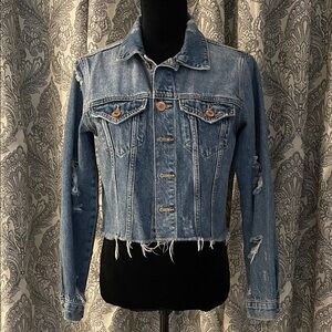 Cropped distressed denim jean jacket rose gold buttons
